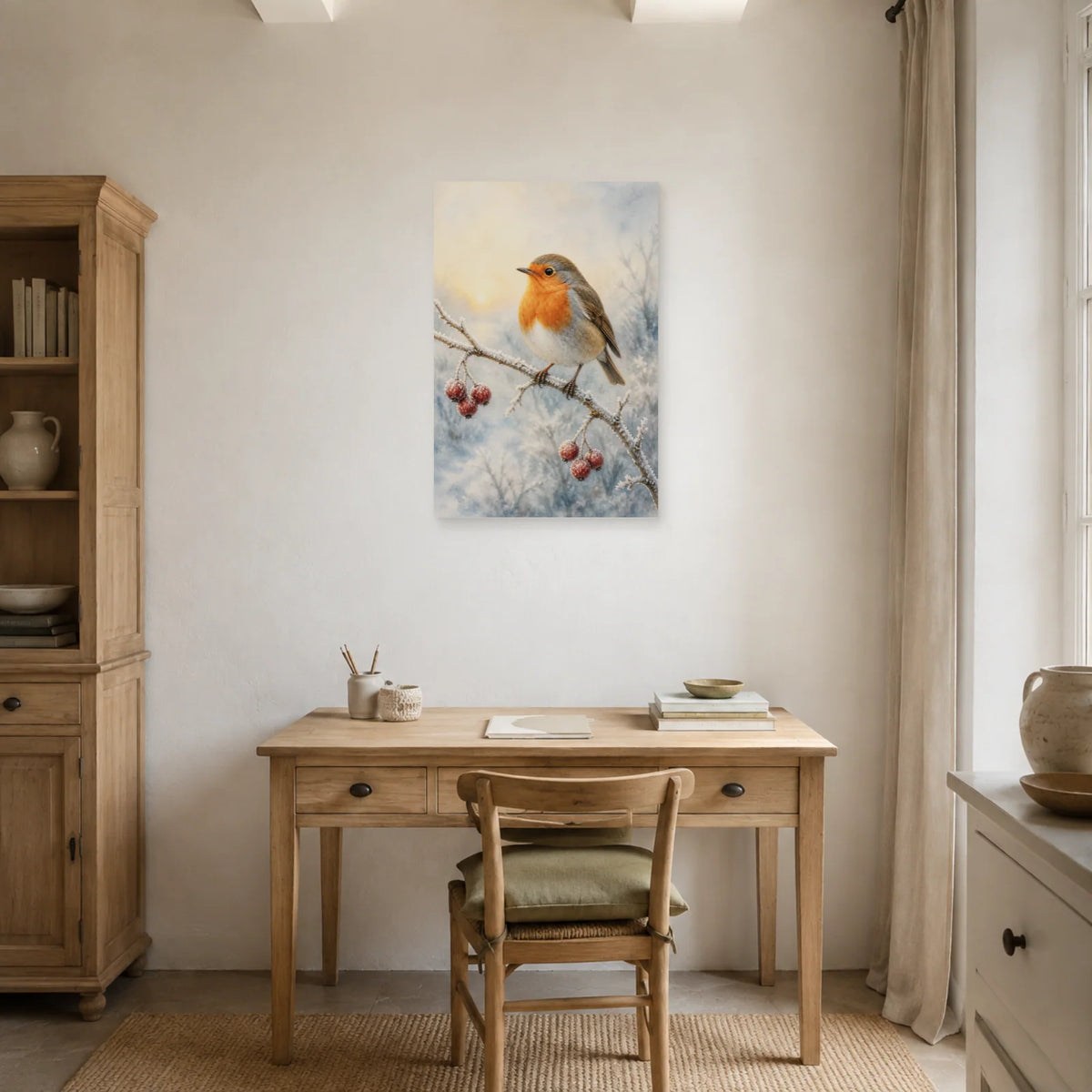 Affiche Rouge-gorge à l’aquarelle - Matin d’hiver dans un bureau - Art Virtuoso