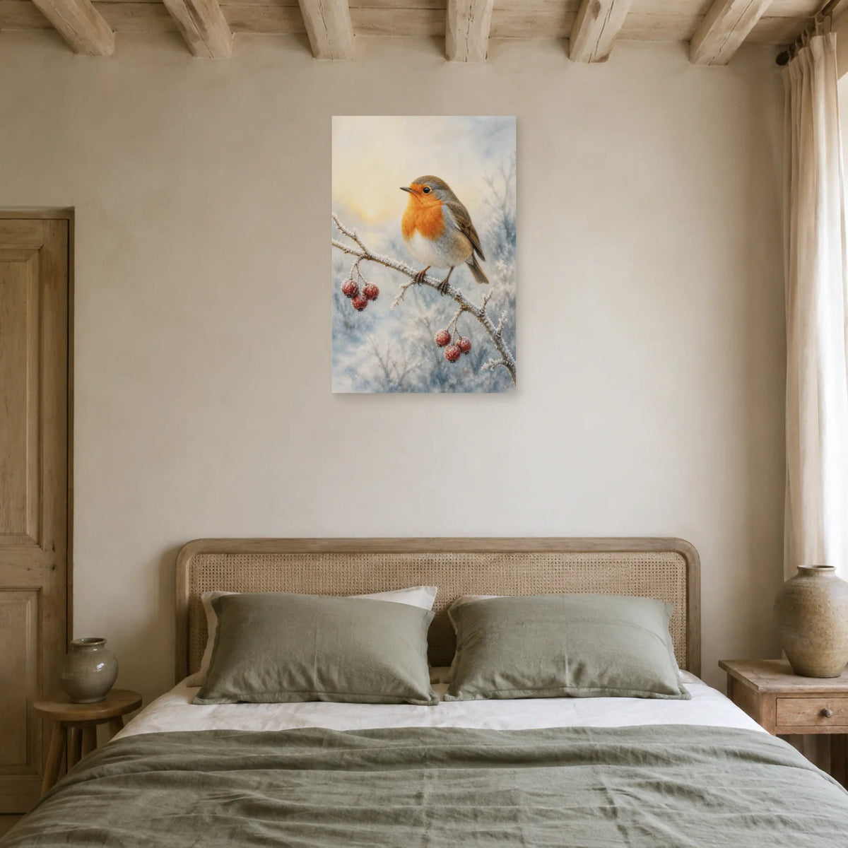 Affiche Rouge-gorge à l’aquarelle - Matin d’hiver dans une chambre - Art Virtuoso