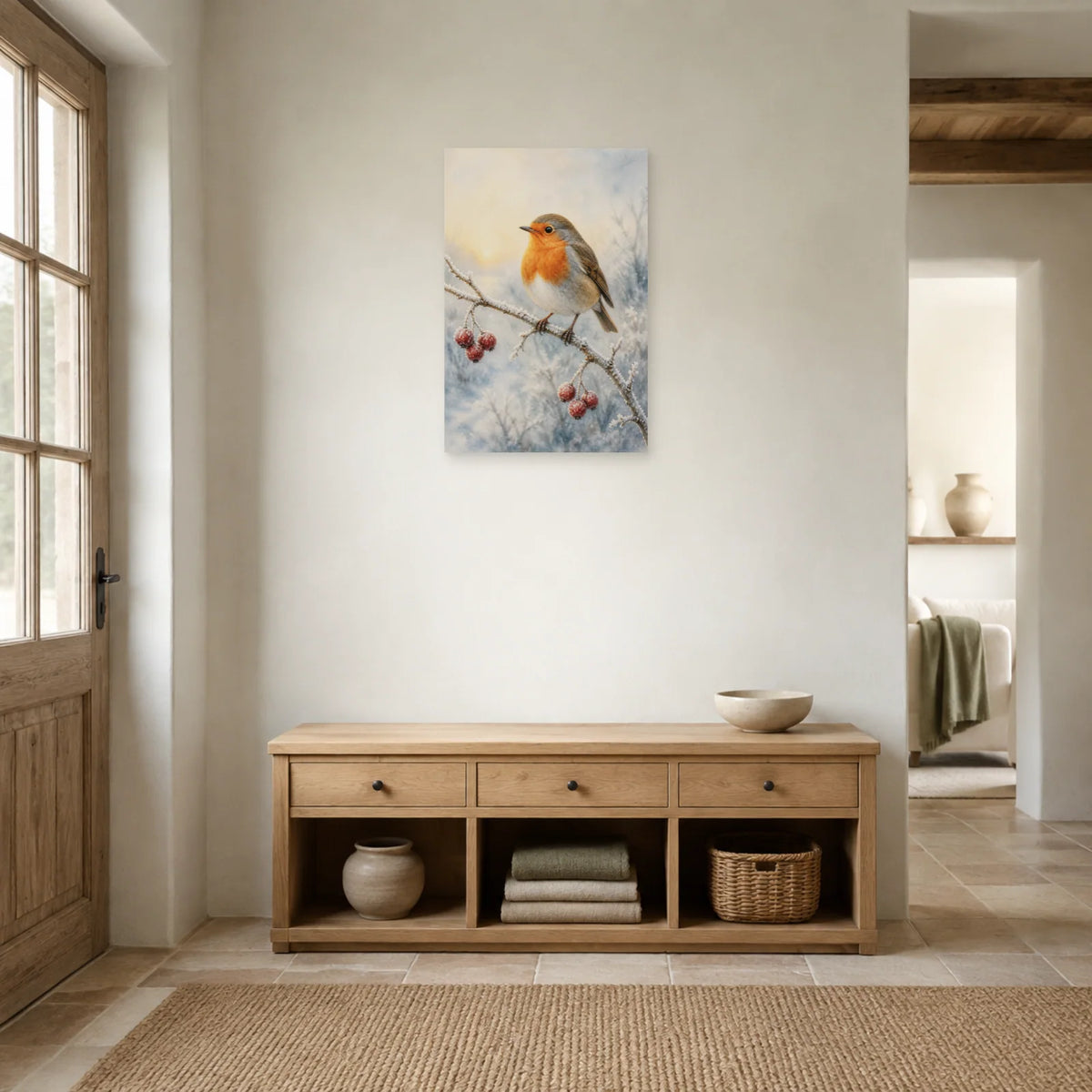 Affiche Rouge-gorge à l’aquarelle - Matin d’hiver dans une entrée ou un couloir - Art Virtuoso