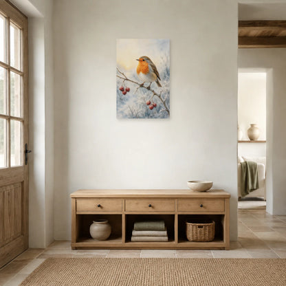 Affiche Rouge-gorge à l’aquarelle - Matin d’hiver dans une entrée ou un couloir - Art Virtuoso