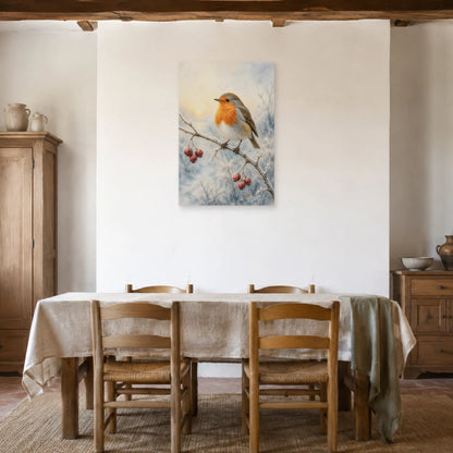 Affiche Rouge-gorge à l’aquarelle - Matin d’hiver dans une salle à manger - Art Virtuoso