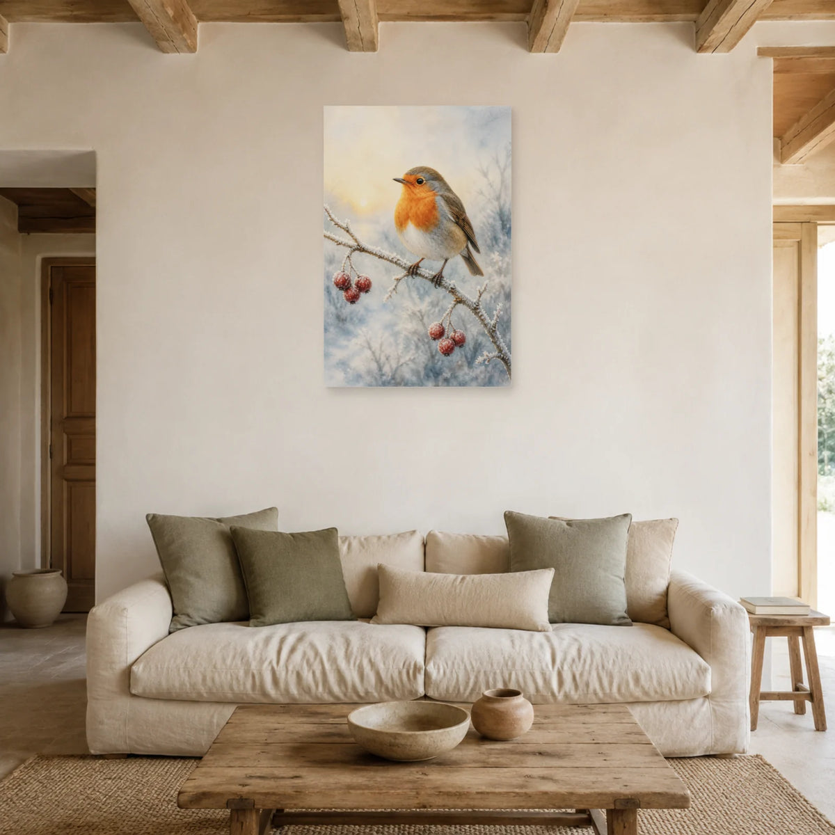 Affiche Rouge-gorge à l’aquarelle - Matin d’hiver dans un salon - Art Virtuoso