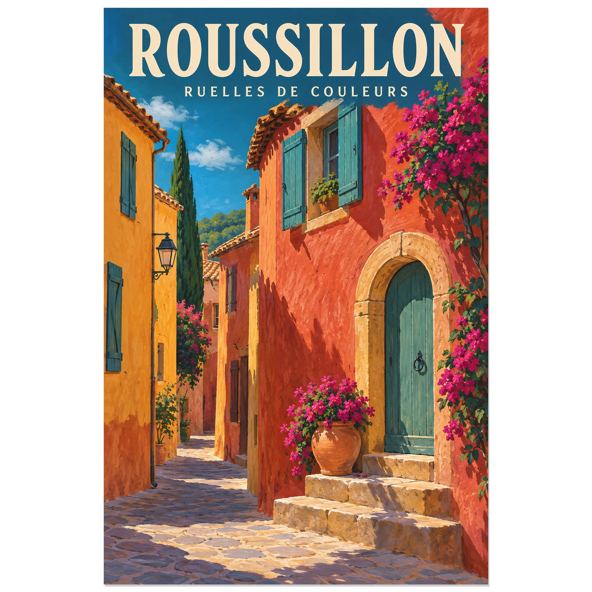 Affiche Roussillon Ruelles de couleurs, illustration peinte / affiche de voyage rétro verticale, format 30 × 45 cm