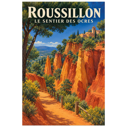 Affiche Roussillon Sentier des Ocres, illustration peinte / affiche de voyage rétro verticale, format 60 × 90 cm
