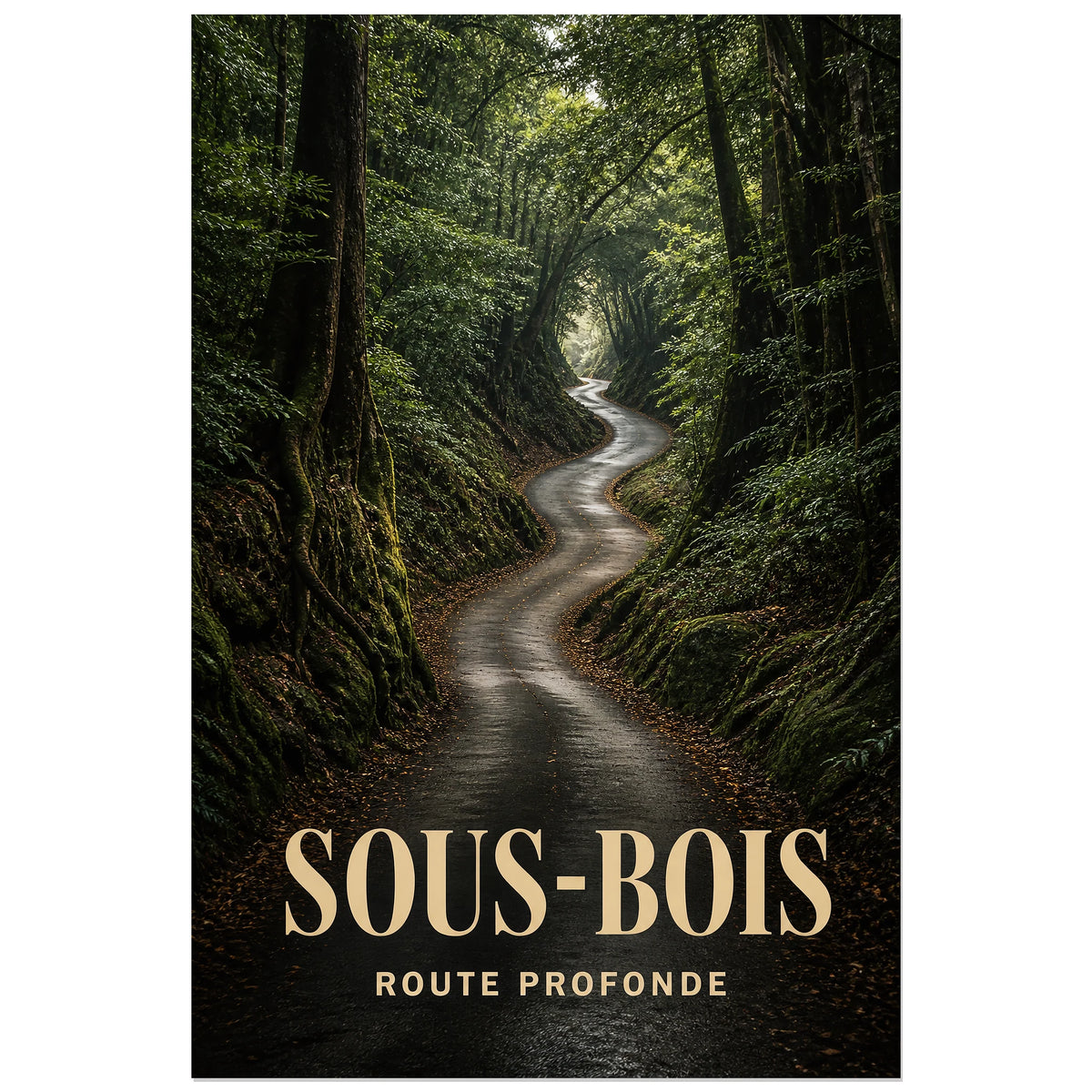Affiche Sous-Bois – Route Profonde, photographie de paysage cinématographique verticale, format 30 × 45 cm