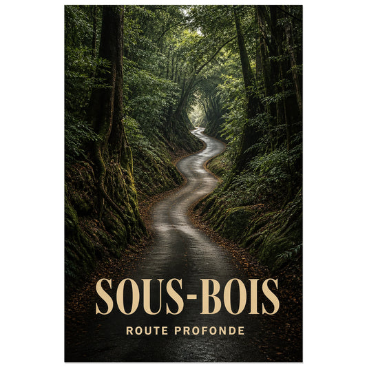 Affiche Sous-Bois – Route Profonde, photographie de paysage cinématographique verticale, format 30 × 45 cm
