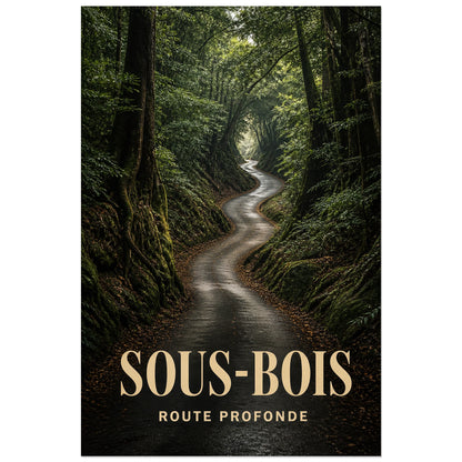 Affiche Sous-Bois – Route Profonde, photographie de paysage cinématographique verticale, format 40 × 60 cm