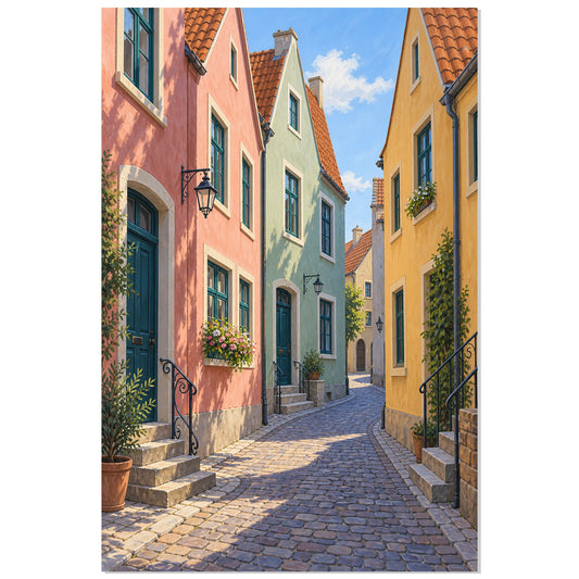 Affiche Rue aux Maisons Pastel – Pignons et Pavés, illustration architecturale / rendu peint / création numérique verticale, format 30 × 45 cm