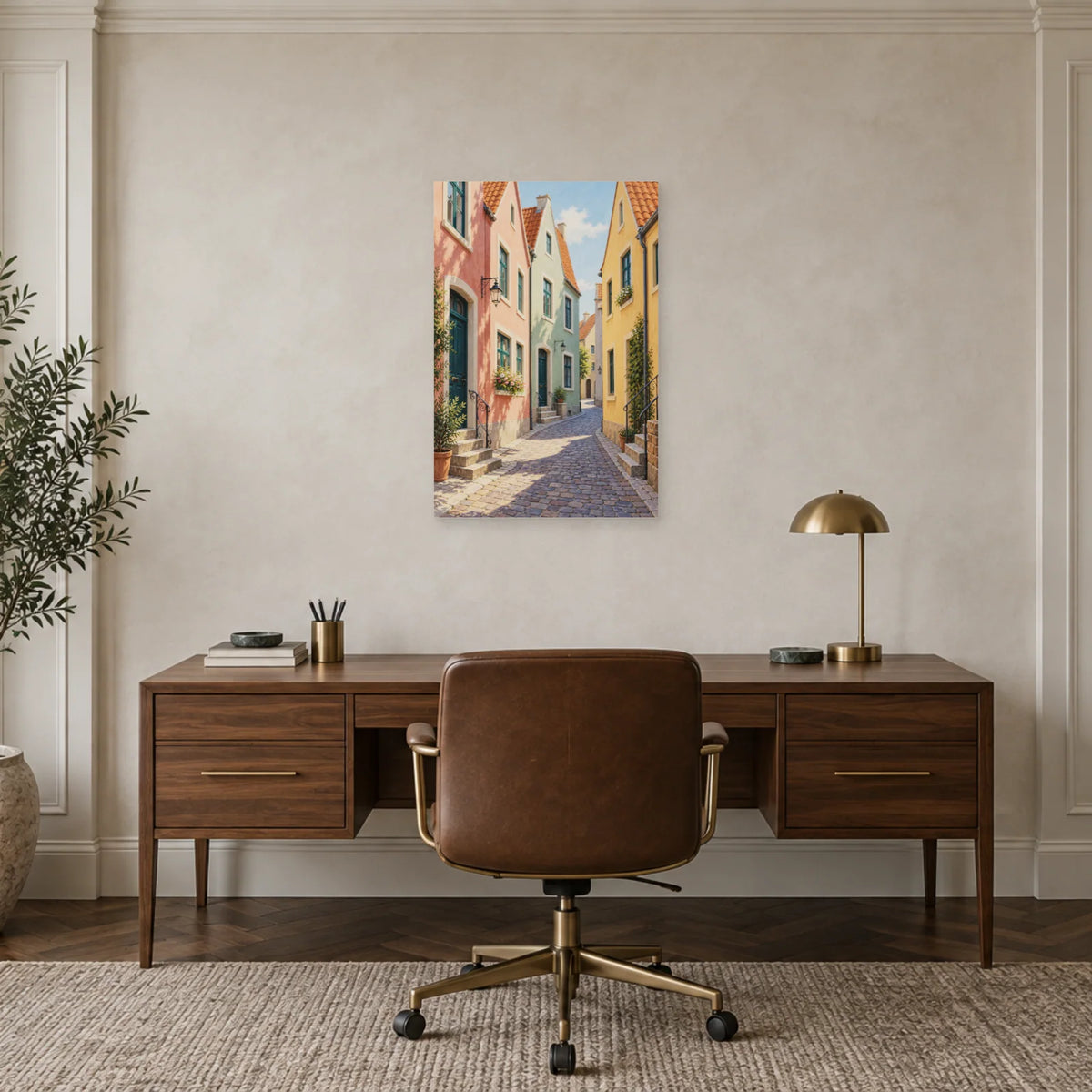 Affiche rue aux maisons à pignons pastel dans un bureau - Art Virtuoso