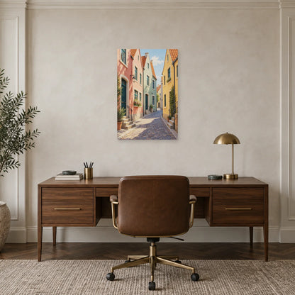 Affiche rue aux maisons à pignons pastel dans un bureau - Art Virtuoso