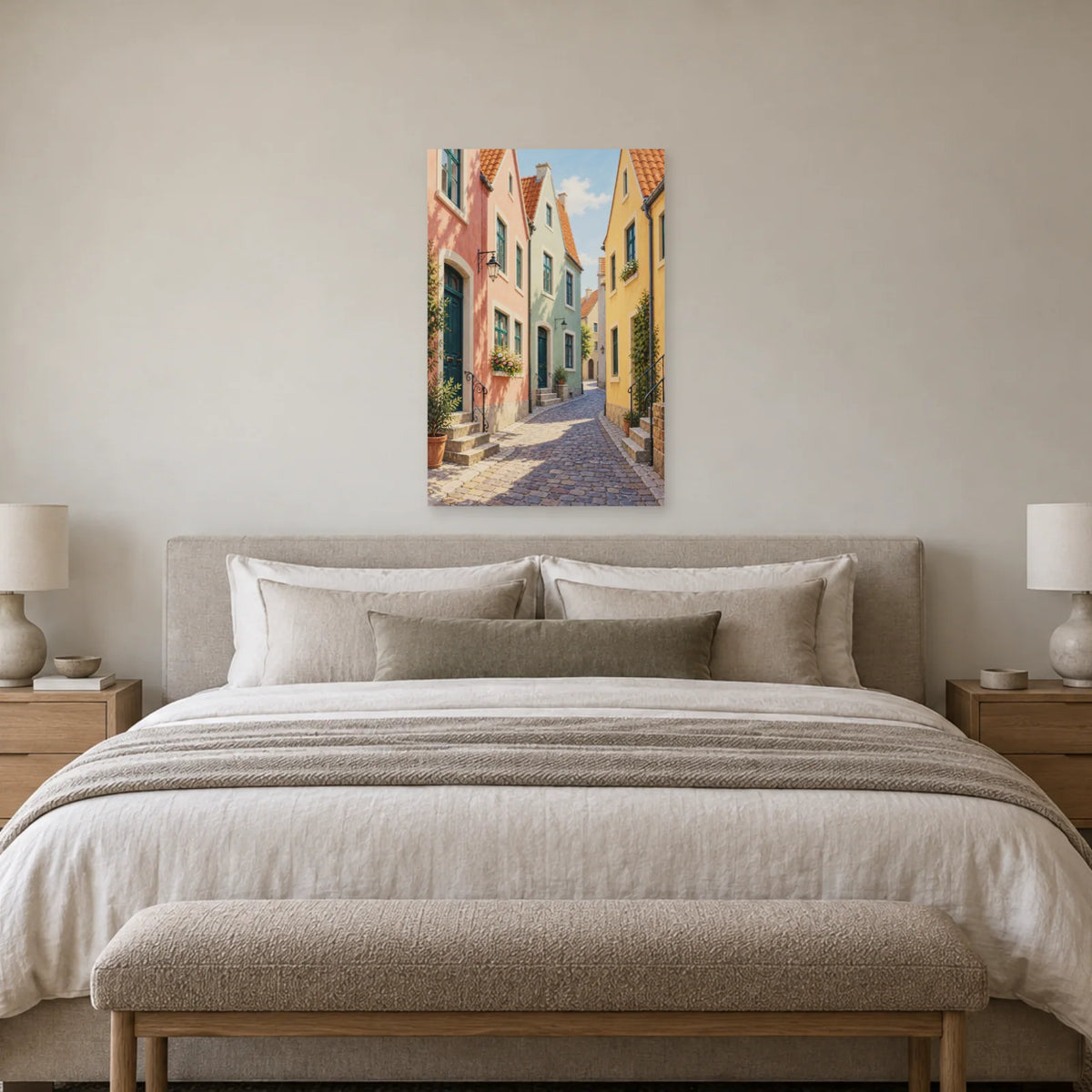 Affiche rue aux maisons à pignons pastel dans une chambre - Art Virtuoso