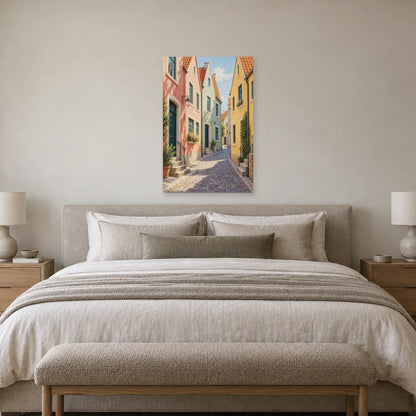 Affiche rue aux maisons à pignons pastel dans une chambre - Art Virtuoso