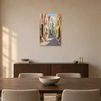 Affiche rue aux maisons à pignons pastel dans une salle à manger - Art Virtuoso