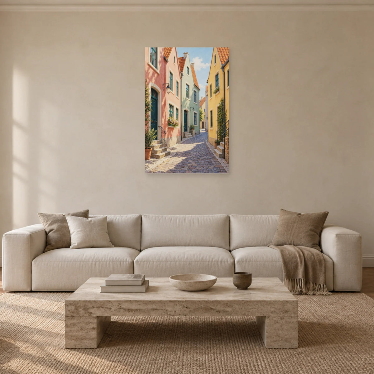 Affiche rue aux maisons à pignons pastel dans un salon - Art Virtuoso