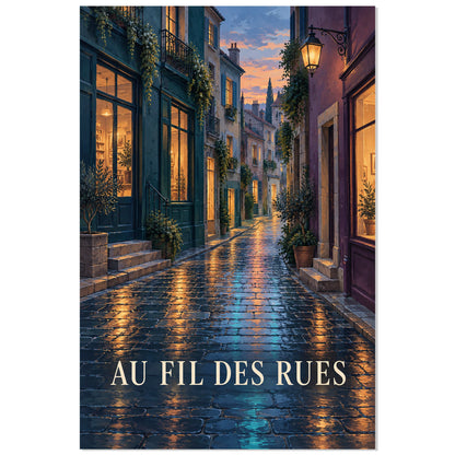 Affiche Ruelle sous la Pluie – Reflets Cuivrés, illustration architecturale / rendu peint / création numérique verticale, format 60 × 90 cm