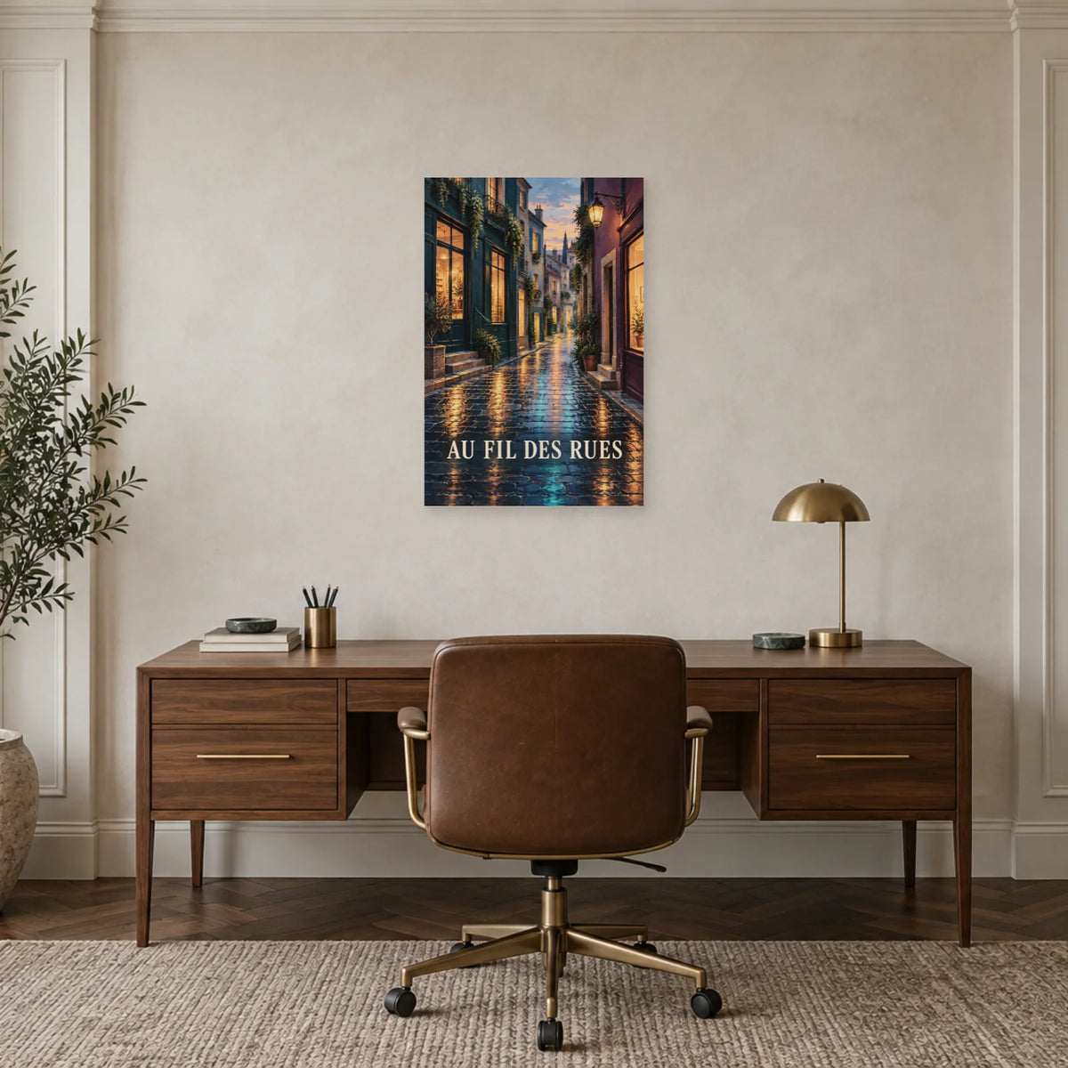 Affiche ruelle sous la pluie aux reflets cuivrés dans un bureau - Art Virtuoso