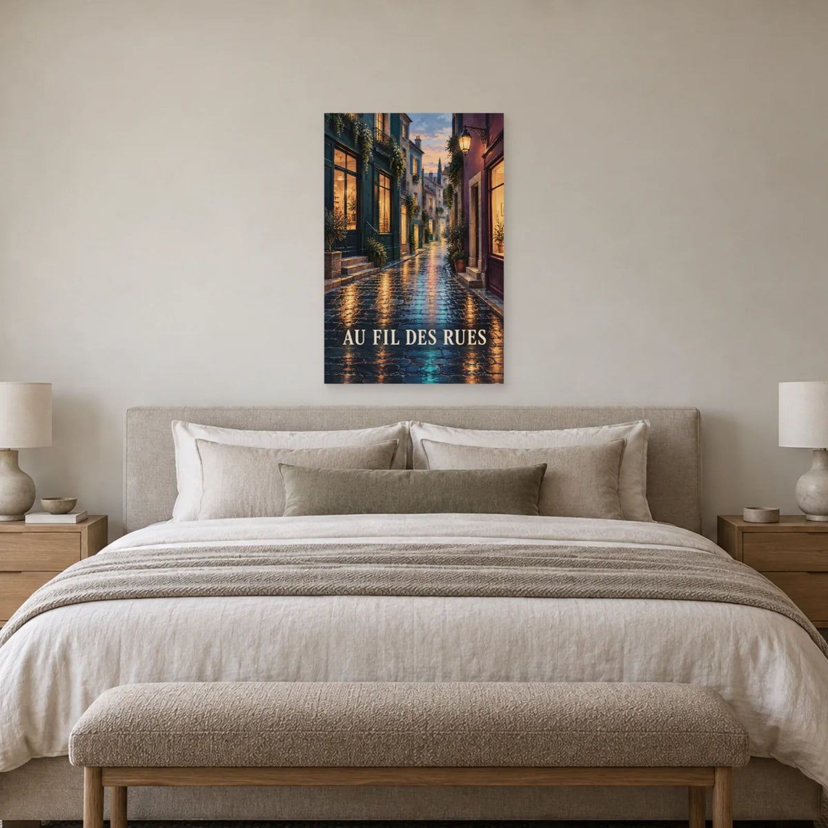 Affiche ruelle sous la pluie aux reflets cuivrés dans une chambre - Art Virtuoso