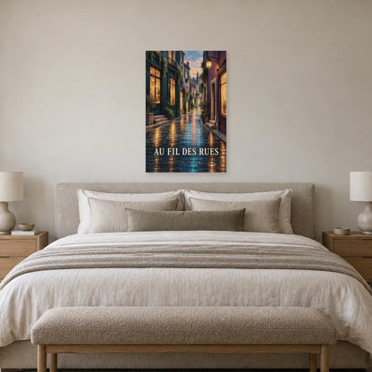 Affiche ruelle sous la pluie aux reflets cuivrés dans une chambre - Art Virtuoso