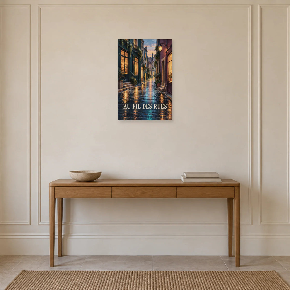 Affiche ruelle sous la pluie aux reflets cuivrés dans une entrée ou un couloir - Art Virtuoso
