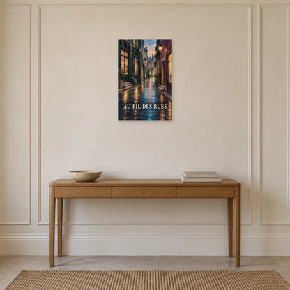 Affiche ruelle sous la pluie aux reflets cuivrés dans une entrée ou un couloir - Art Virtuoso