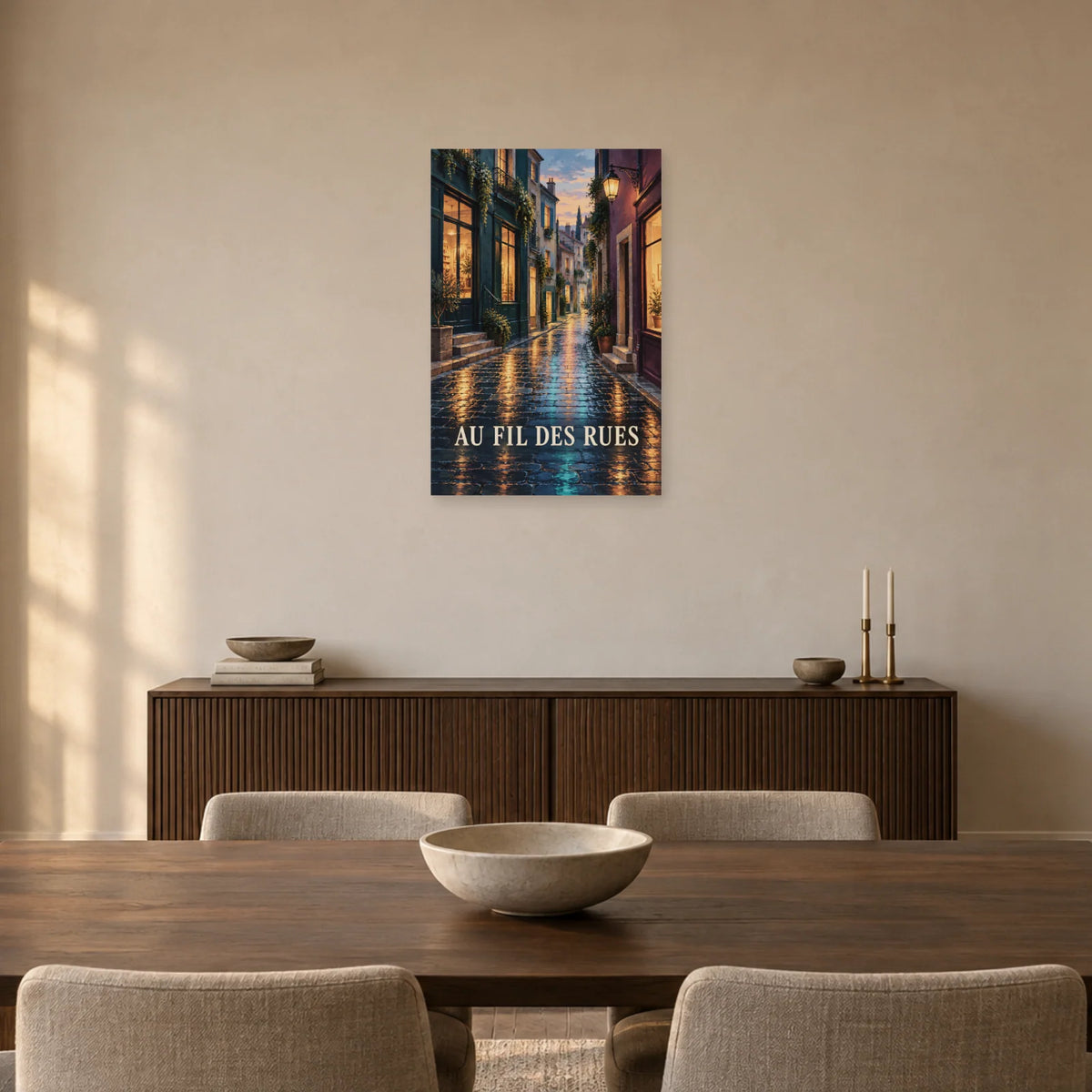 Affiche ruelle sous la pluie aux reflets cuivrés dans une salle à manger - Art Virtuoso