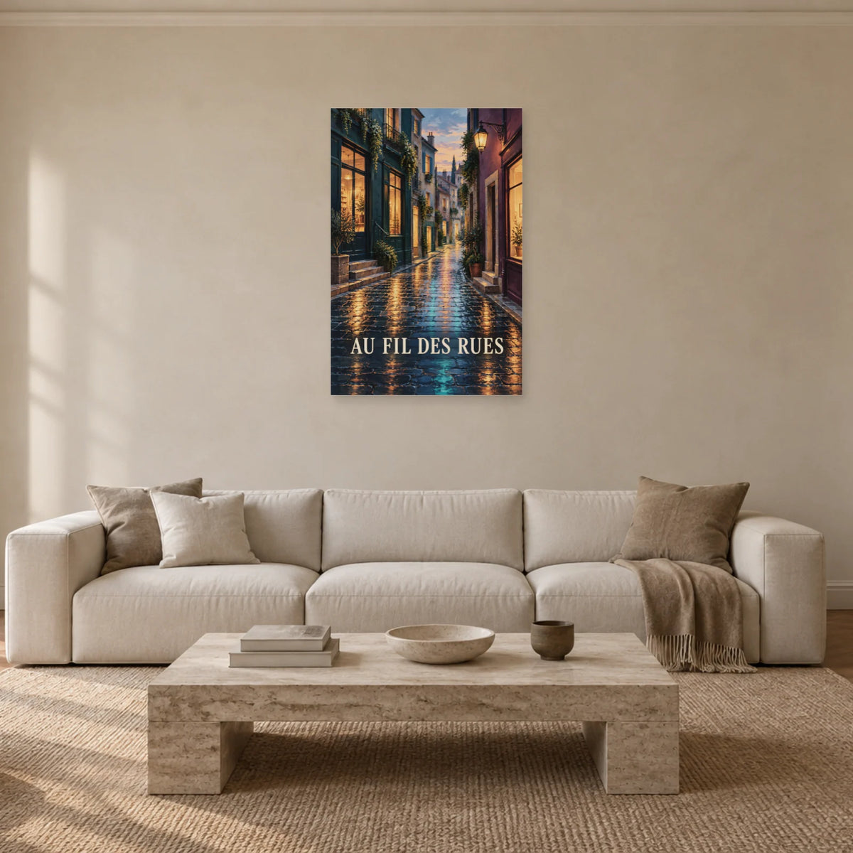 Affiche ruelle sous la pluie aux reflets cuivrés dans un salon - Art Virtuoso