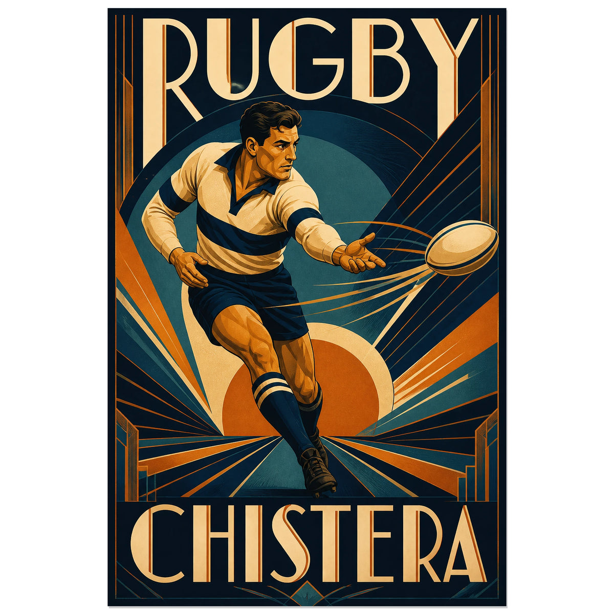 Joueur et ballon ovale au milieu d'arcs cuivrés, affiche 30 × 45 cm