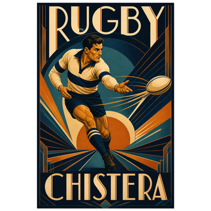 Joueur et ballon ovale au milieu d'arcs cuivrés, affiche 30 × 45 cm