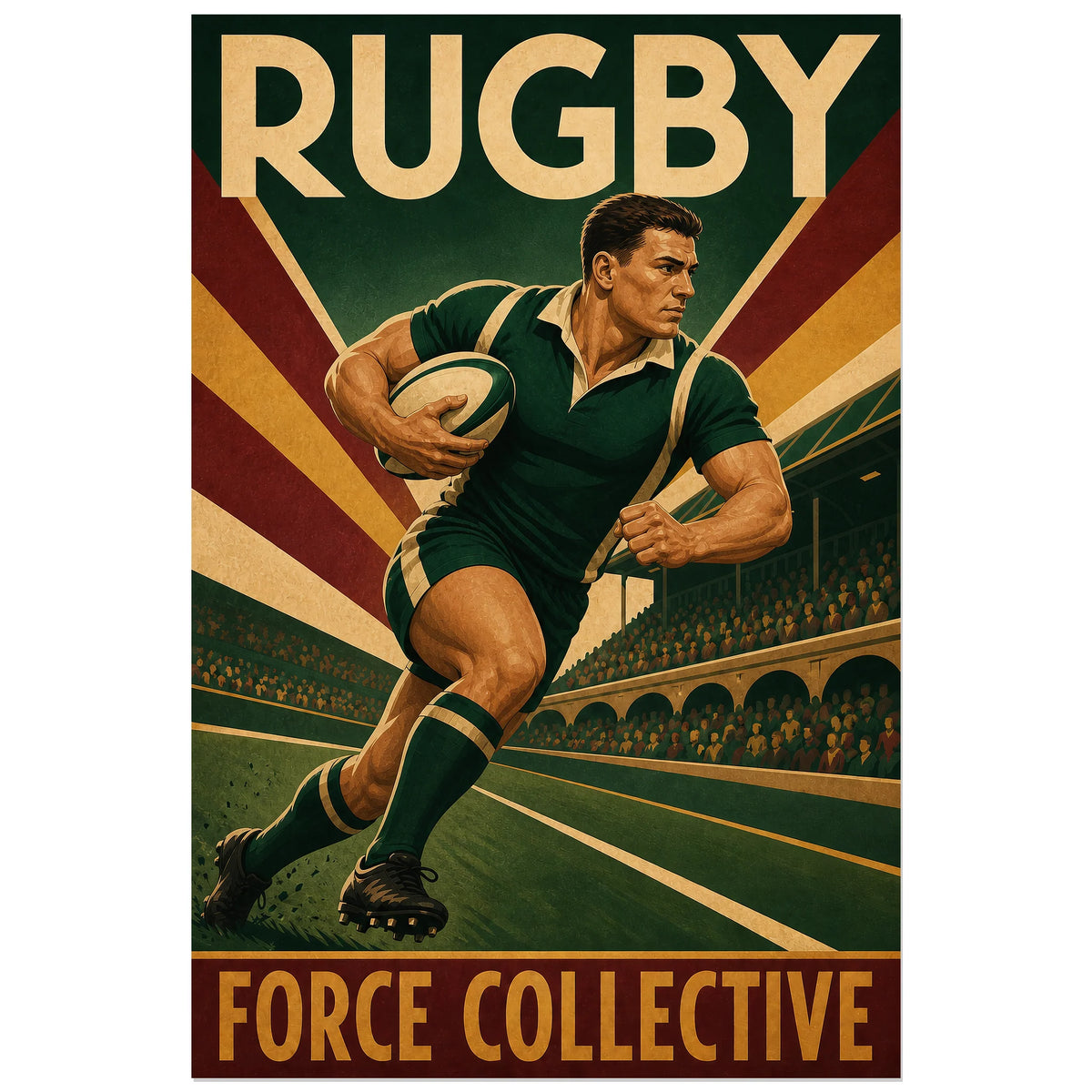 Affiche Force collective avec joueur de rugby, ballon et tribunes, 60 × 90 cm