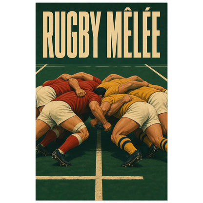 Joueurs de rugby en mêlée sur fond vert, affiche 30 × 45 cm