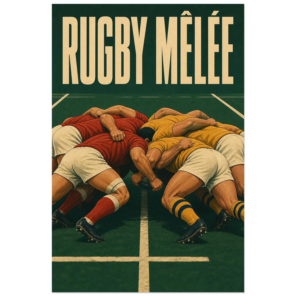 Deux packs de rugby liés au centre du terrain, affiche 60 × 90 cm