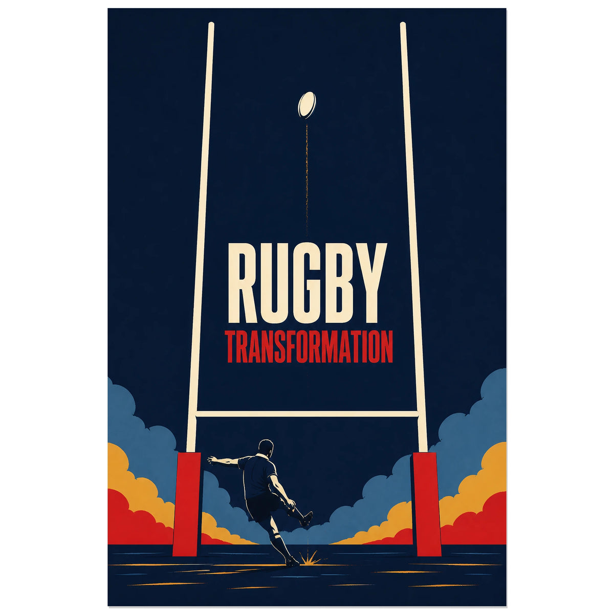 Ballon au-dessus d'un botteur entre les poteaux de rugby, affiche 30 × 45 cm