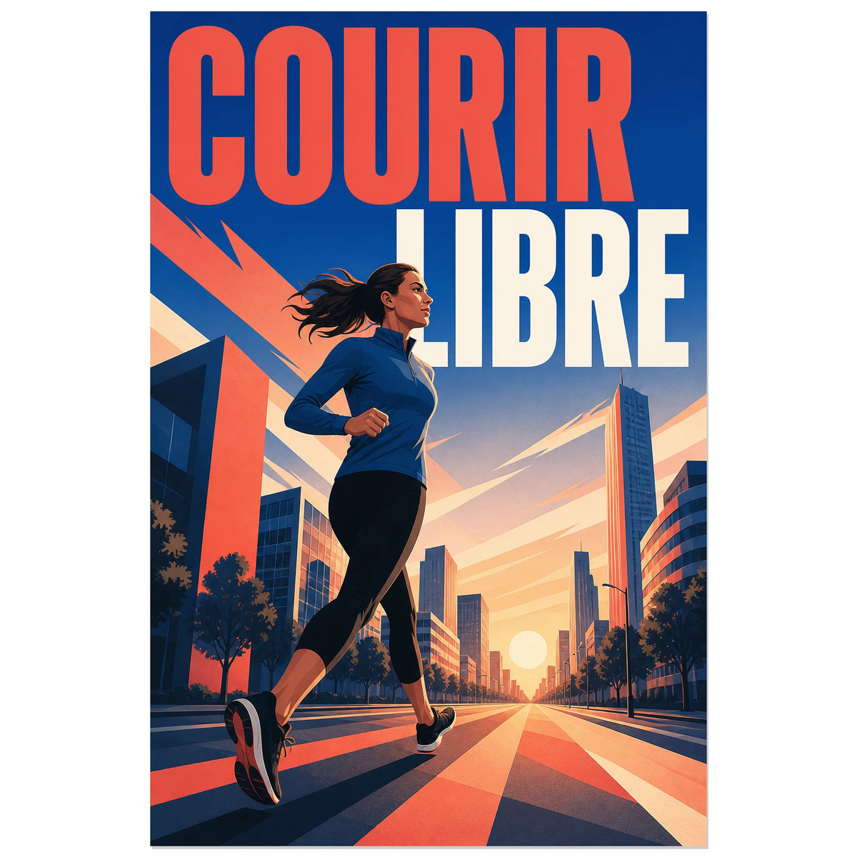Affiche Running avec immeubles et soleil bas derrière la coureuse, 40 × 60 cm