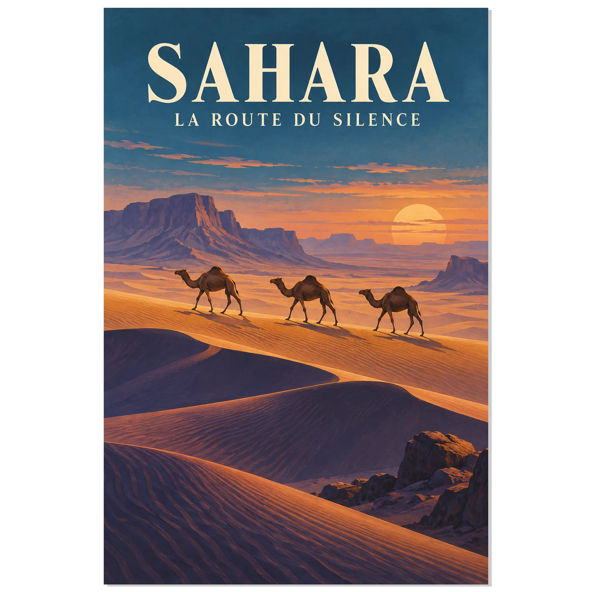 Affiche Sahara – Caravane à l'heure dorée, illustration de voyage / paysage peint / inspiration vintage verticale, format 30 × 45 cm