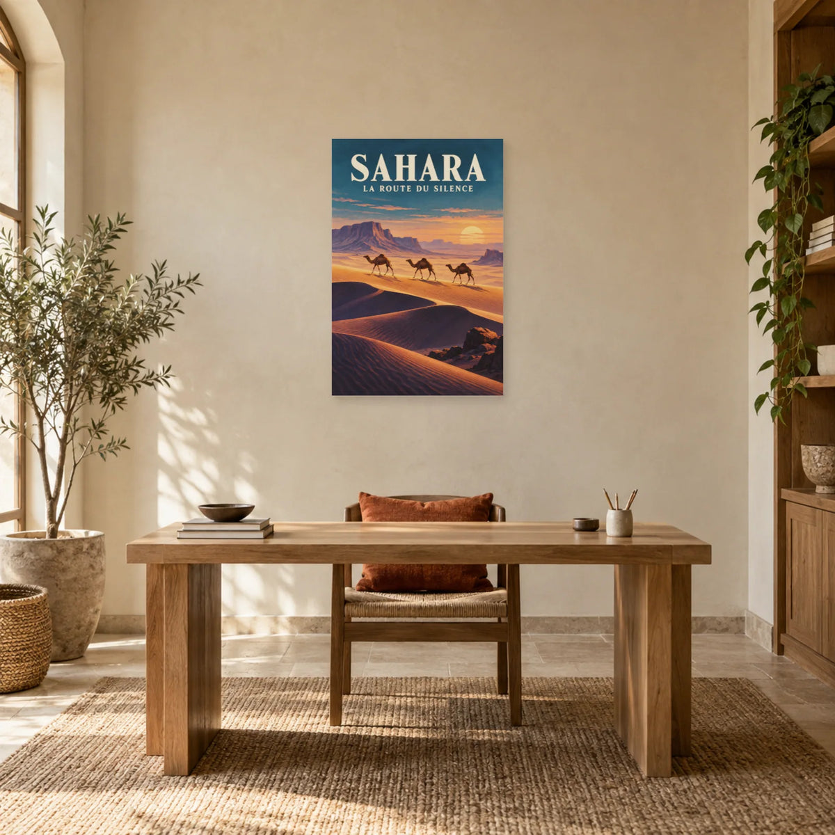 Affiche Sahara – Caravane à l'heure dorée dans un bureau - Art Virtuoso