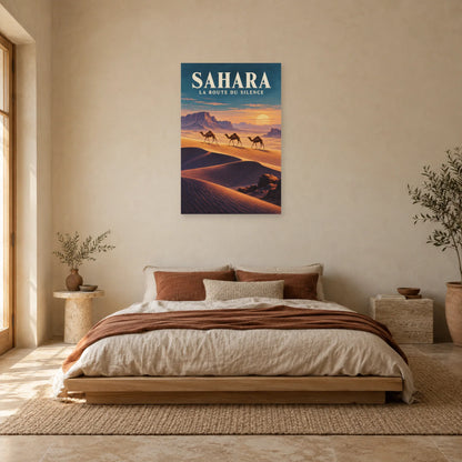 Affiche Sahara – Caravane à l'heure dorée dans une chambre - Art Virtuoso