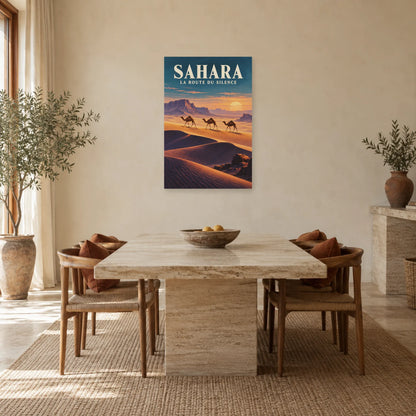 Affiche Sahara – Caravane à l'heure dorée dans une salle à manger - Art Virtuoso