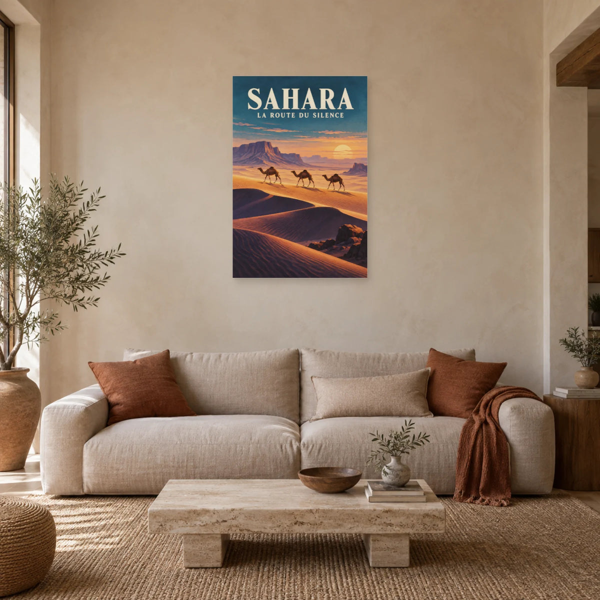 Affiche Sahara – Caravane à l'heure dorée dans un salon - Art Virtuoso
