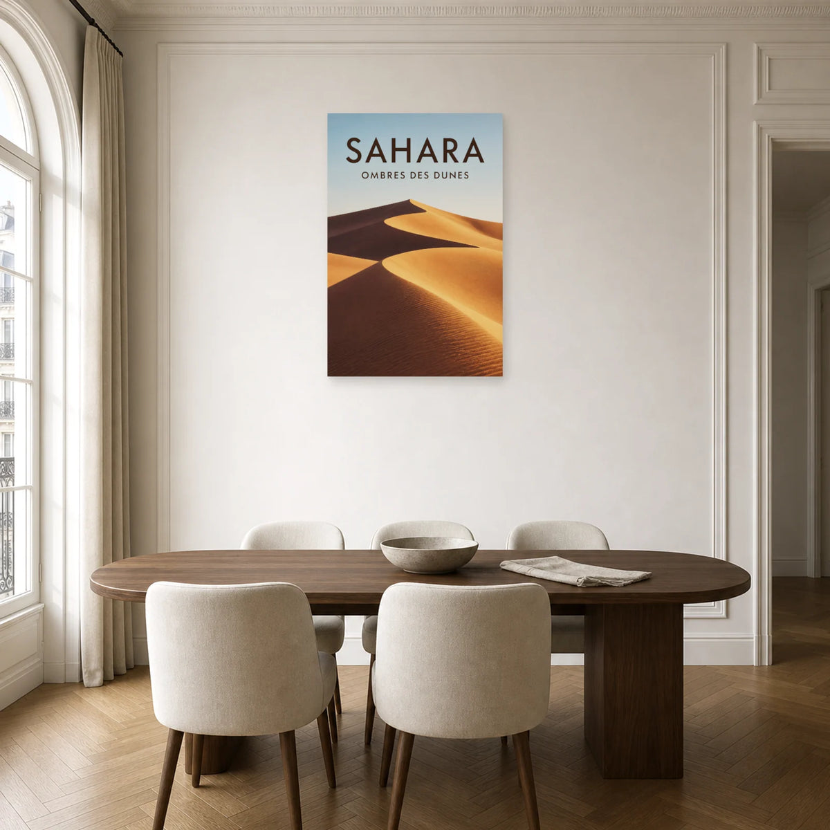 Affiche Sahara - Ombres des dunes dans une salle à manger - Art Virtuoso
