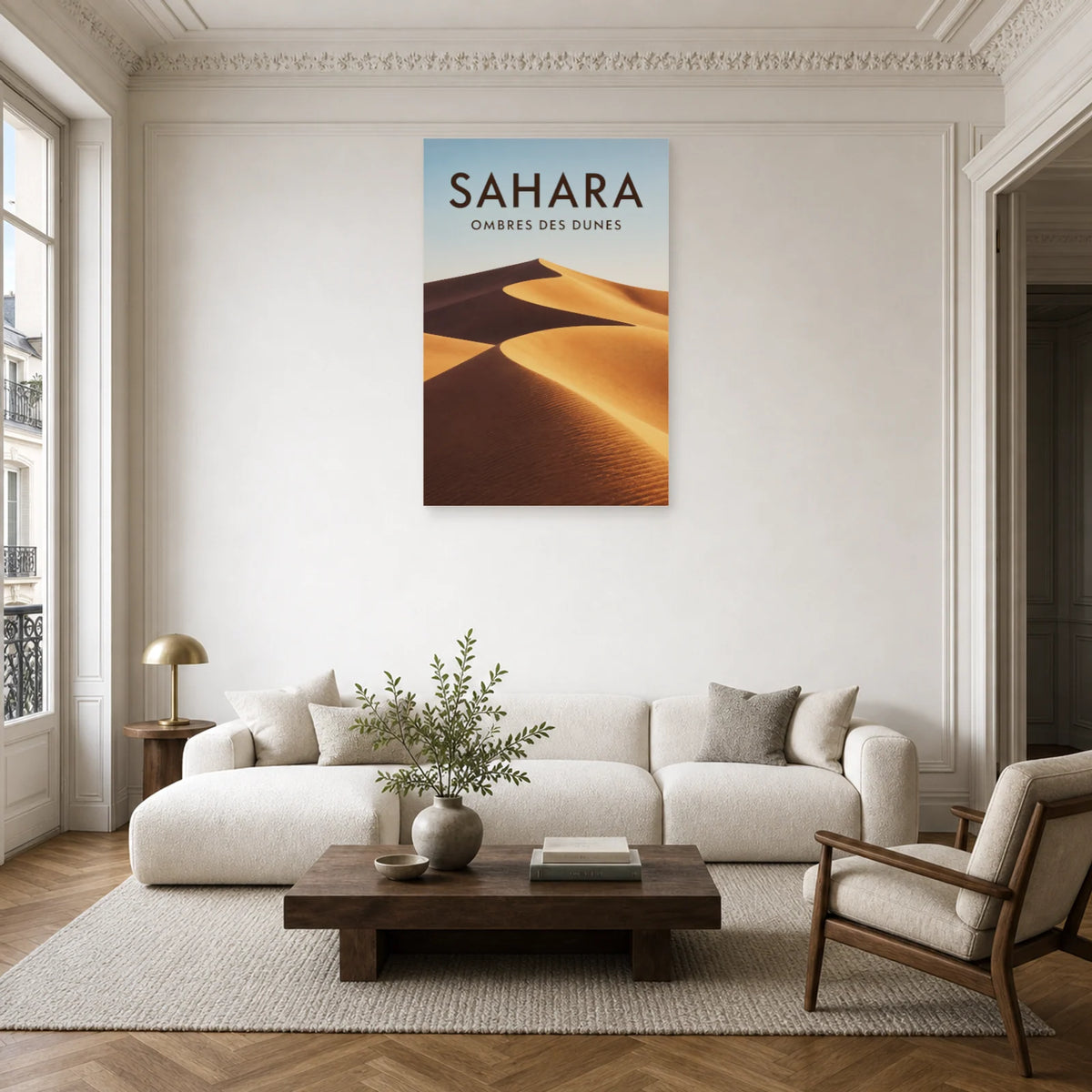 Affiche Sahara - Ombres des dunes dans un salon - Art Virtuoso