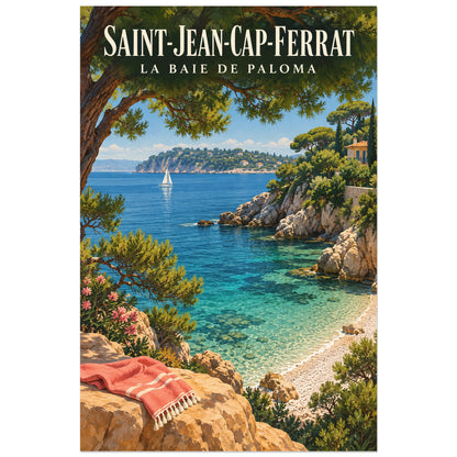 Affiche Saint-Jean-Cap-Ferrat - La baie de Paloma, illustration peinte / affiche de voyage rétro verticale, format 30 × 45 cm