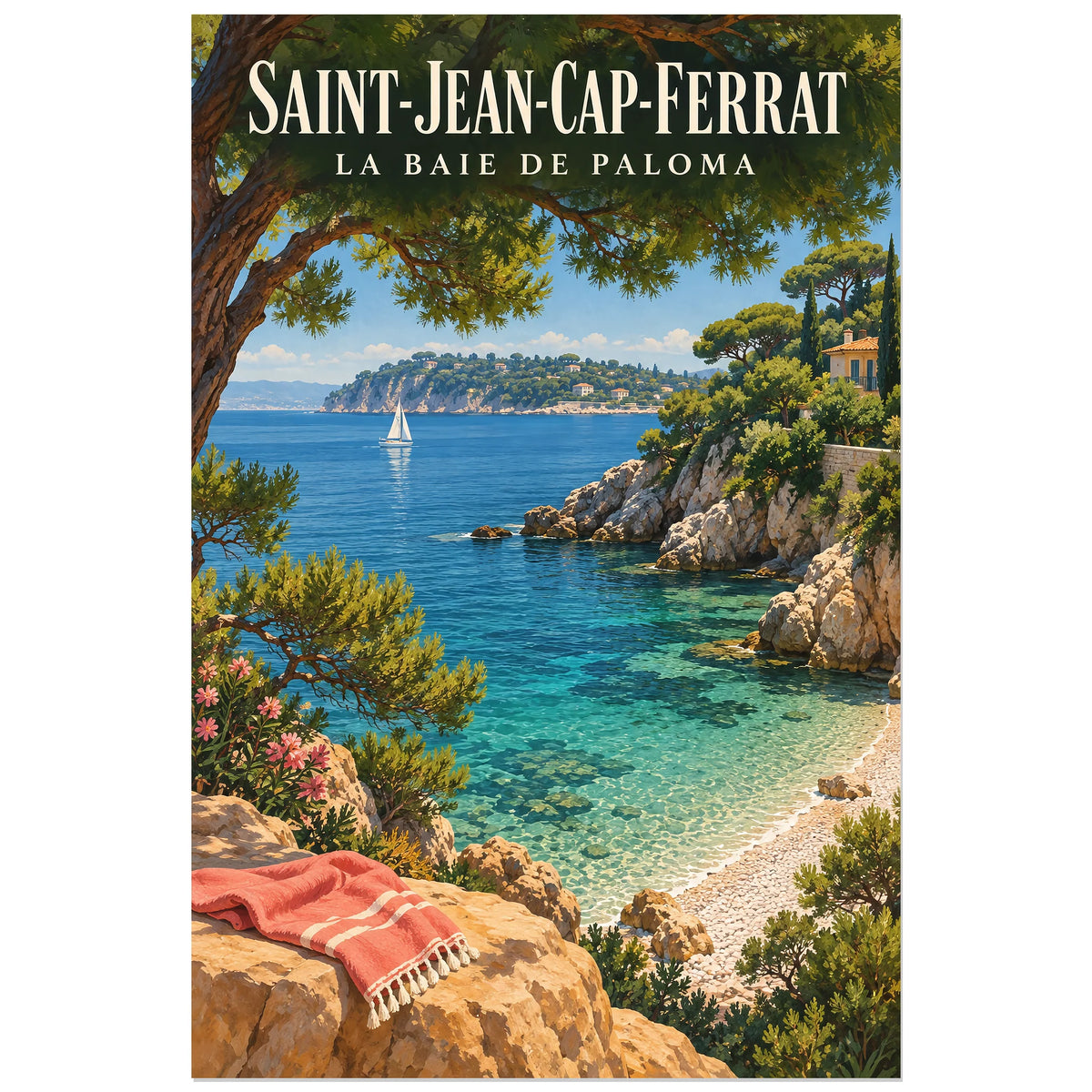 Affiche Saint-Jean-Cap-Ferrat - La baie de Paloma, illustration peinte / affiche de voyage rétro verticale, format 60 × 90 cm