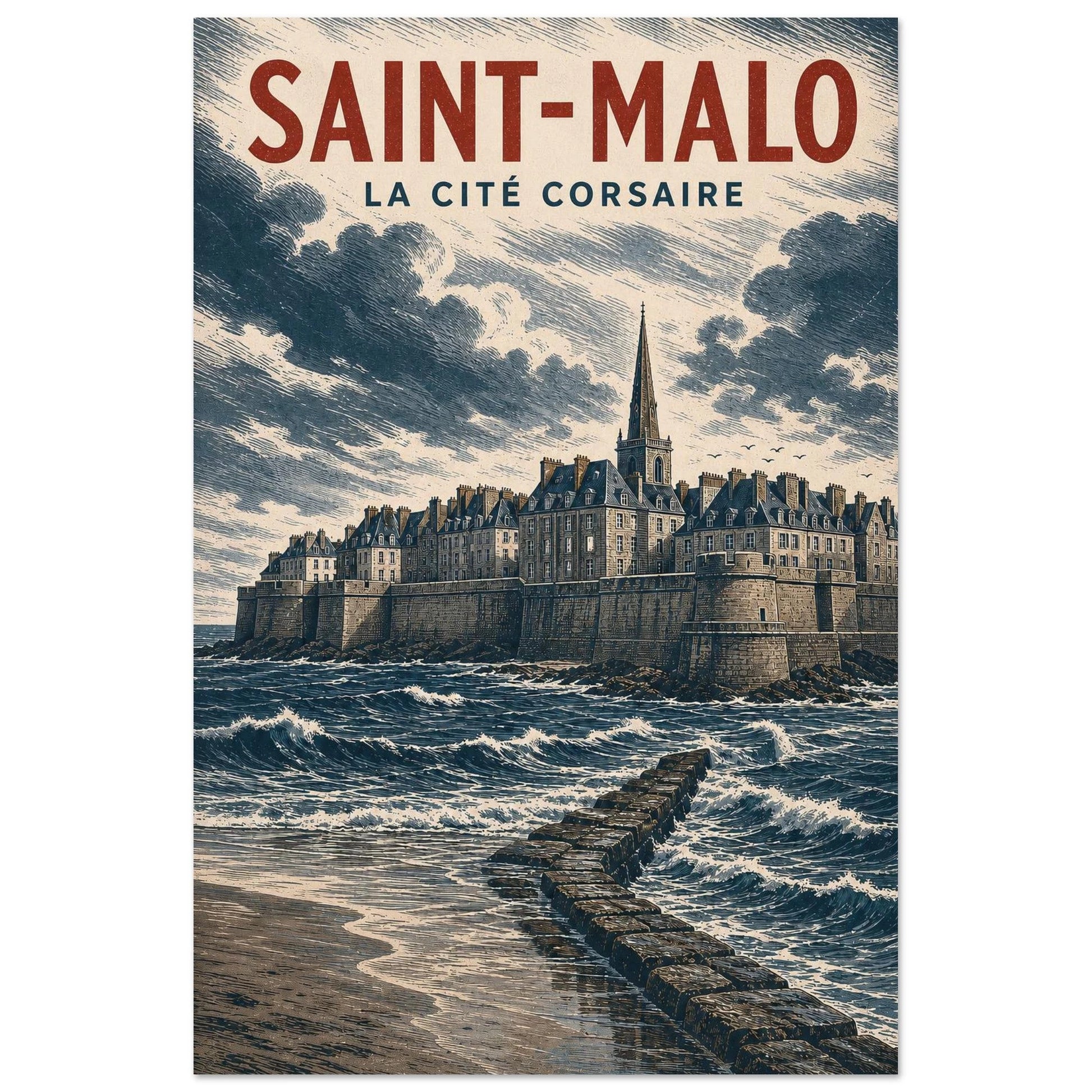 Affiche Saint-Malo – La Cité Corsaire, illustration verticale illustration côtière, format 30 × 45 cm