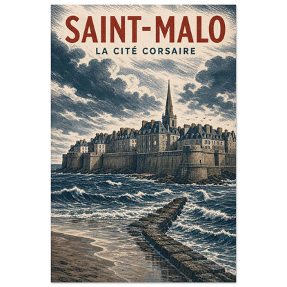Affiche Saint-Malo – La Cité Corsaire, illustration verticale illustration côtière, format 30 × 45 cm