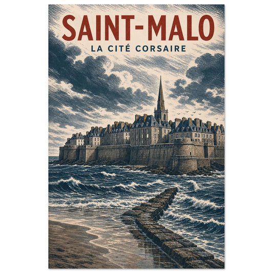 Affiche Saint-Malo – La Cité Corsaire, illustration verticale illustration côtière, format 30 × 45 cm