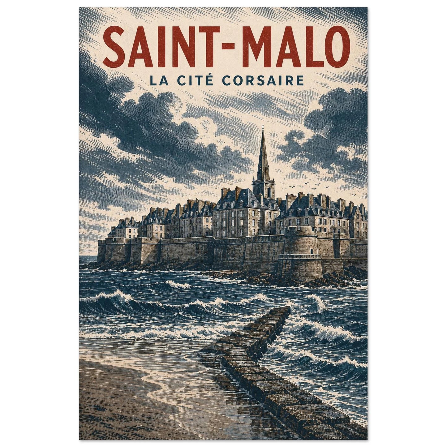 Affiche Saint-Malo – La Cité Corsaire, illustration verticale illustration côtière, format 40 × 60 cm
