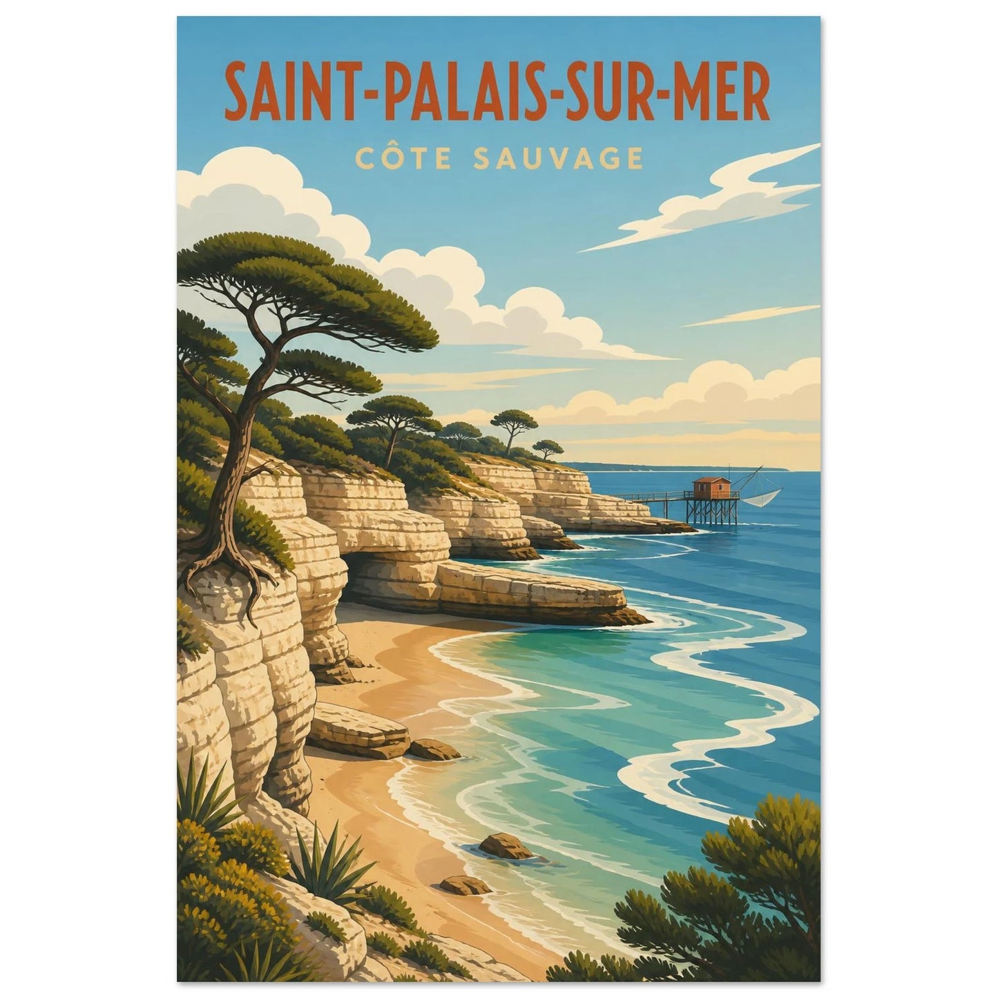 Affiche Saint-Palais-sur-Mer – Côte Sauvage, lithographie contemporaine verticale, format 30 × 45 cm