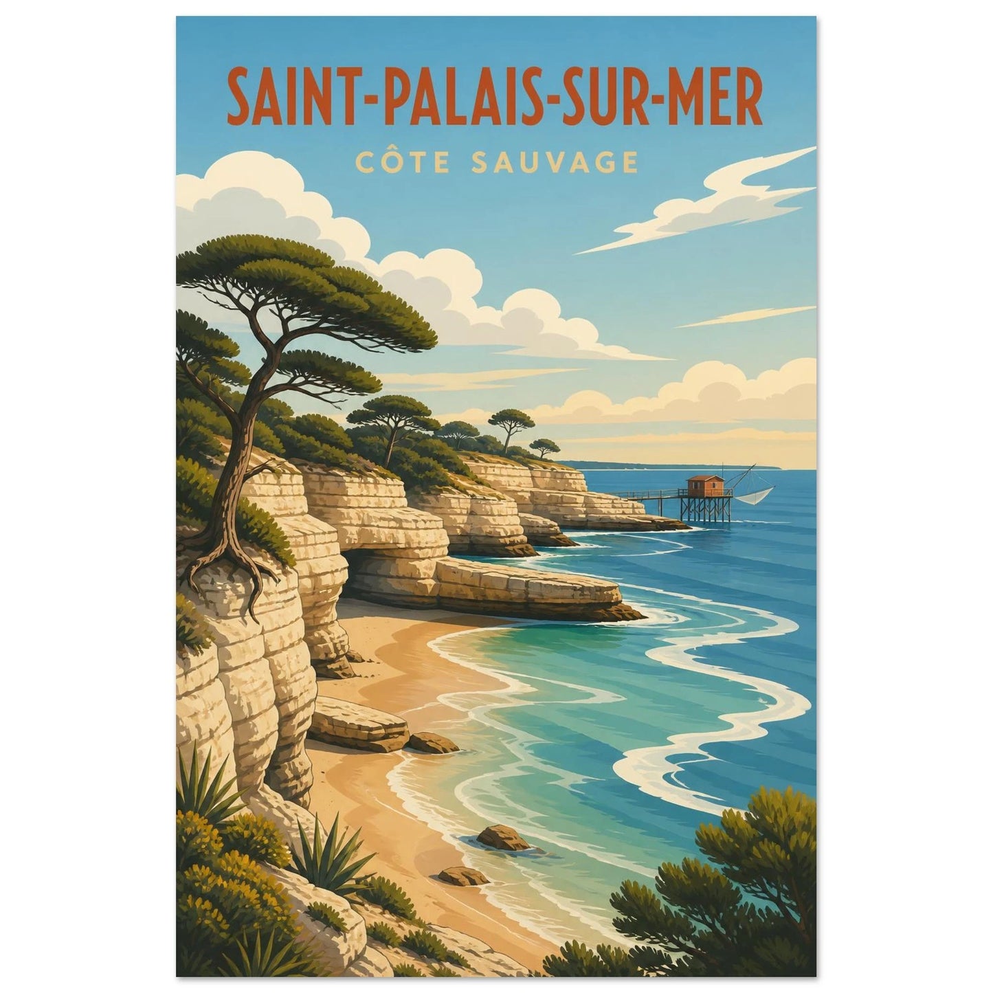 Affiche Saint-Palais-sur-Mer – Côte Sauvage, lithographie contemporaine verticale, format 60 × 90 cm