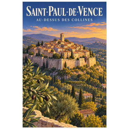 Affiche Saint-Paul-de-Vence - Au-dessus des collines, illustration peinte / affiche de voyage rétro verticale, format 40 × 60 cm