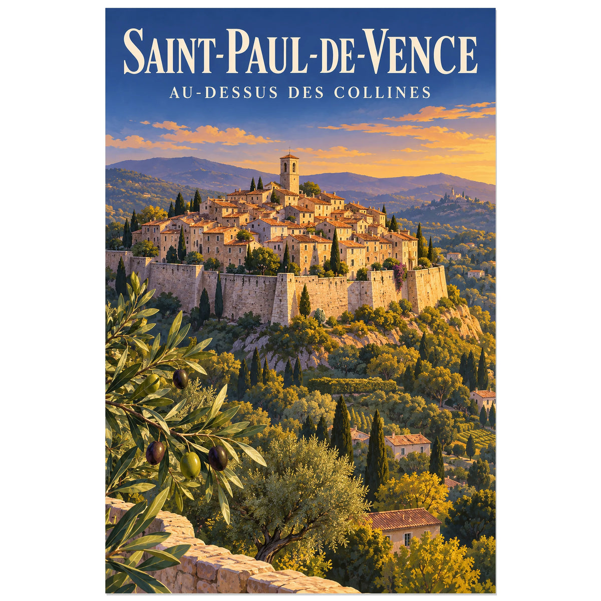 Affiche Saint-Paul-de-Vence - Au-dessus des collines, illustration peinte / affiche de voyage rétro verticale, format 60 × 90 cm